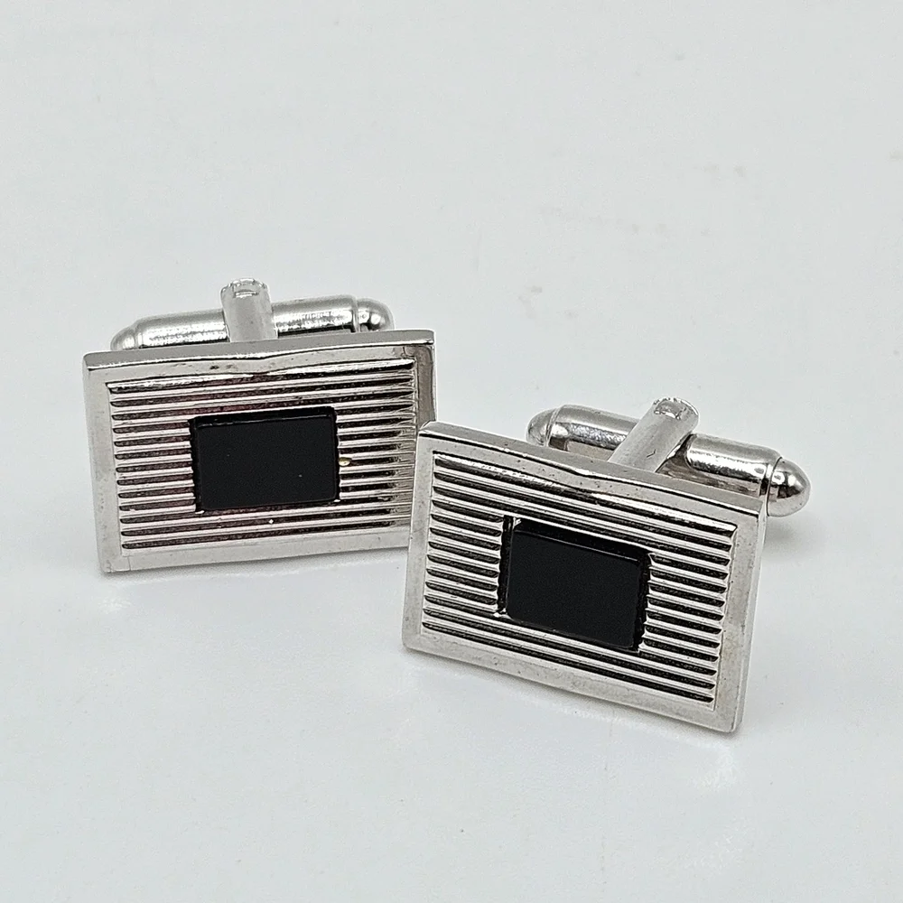 VINTAGE Dante Silver Tone Genuine Onyx Inset Rectangular Cufflinks Set Signed